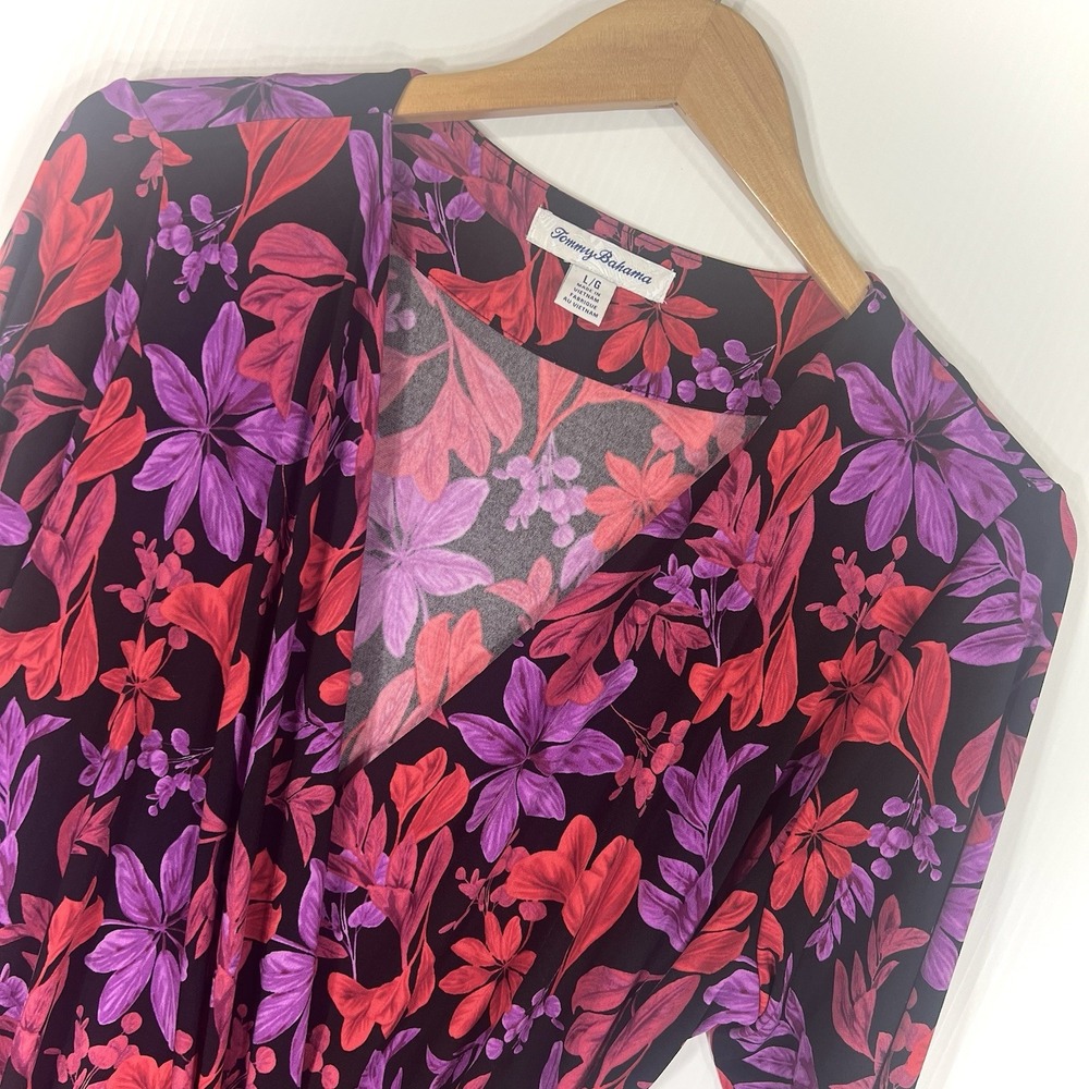 Tommy Bahama Clara Joyful Jewel Floral Wrap Dress Size L Purple‎ Red 3/4 Sleeve